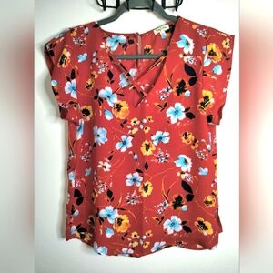 Lily White (Size L) Multicolored Floral Print Crisscross Front Neckline SS Top